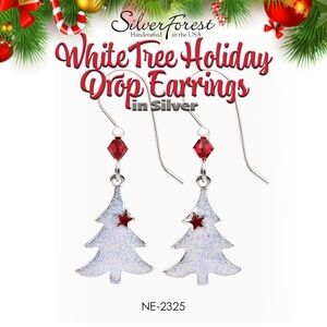 Silver Forest White Tree with Red Star Holiday Drop Earrings in Silver